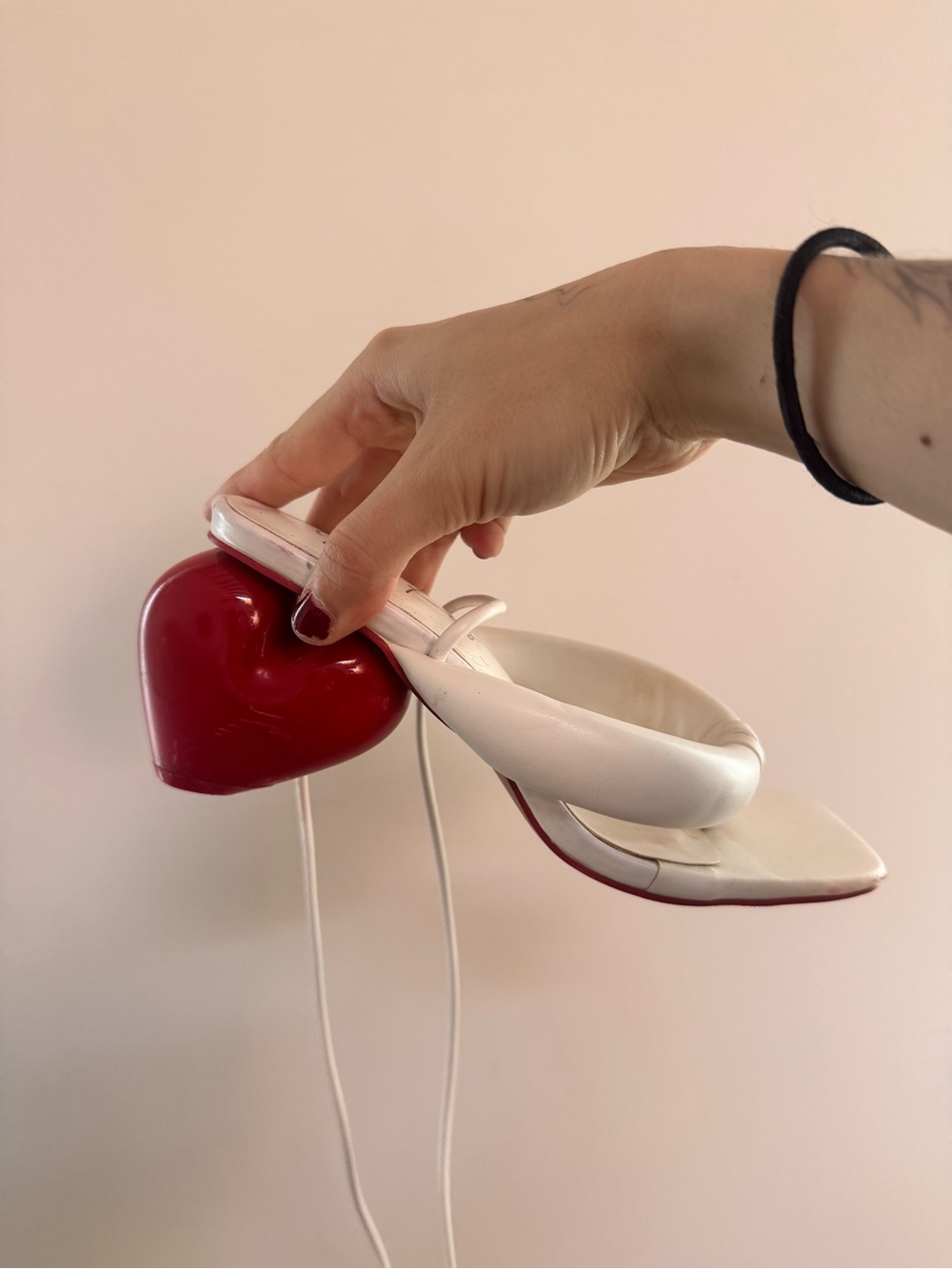 White Sandal with Red Heart Heel - Women's Fashion Heels